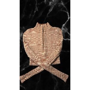 Urban Outfitters Ribbed Mock Neck Cropped Sweater Long Sleeve Brown Cream XS